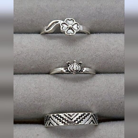 3 pc Set Stackable Gypsy Boho Knuckle Rings Turtle Floral Silver Zinc Alloy - Picture 6 of 7
